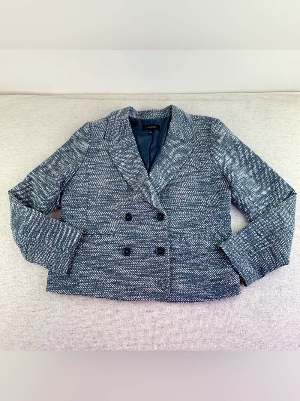 Talbots women's‎ 8 long sleeve marled Tweed Double-Breasted Blazer blue white